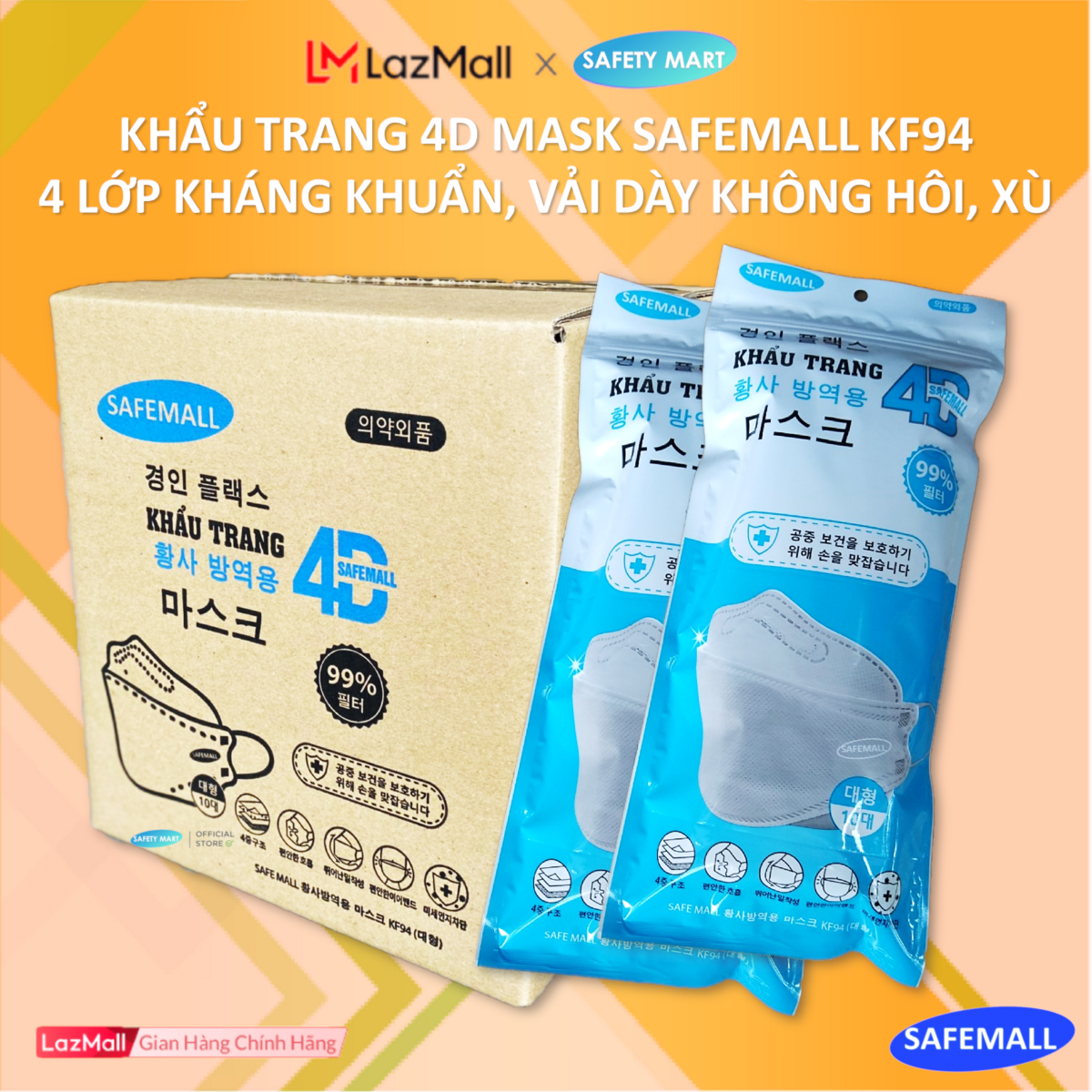 [HOT] Thùng 300/200 chiếc Khẩu trang y tế 4D KF94 SafeMall Korea Technology, 5 lớp vải kháng khuẩn, kháng bụi mịn lên đến 99%, Khẩu trang dày đẹp loại - Hàng Chính Hãng Safety Mart Official