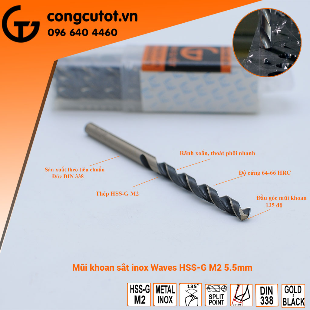 Hộp 5 mũi khoan sắt, inox Waves HSS-G