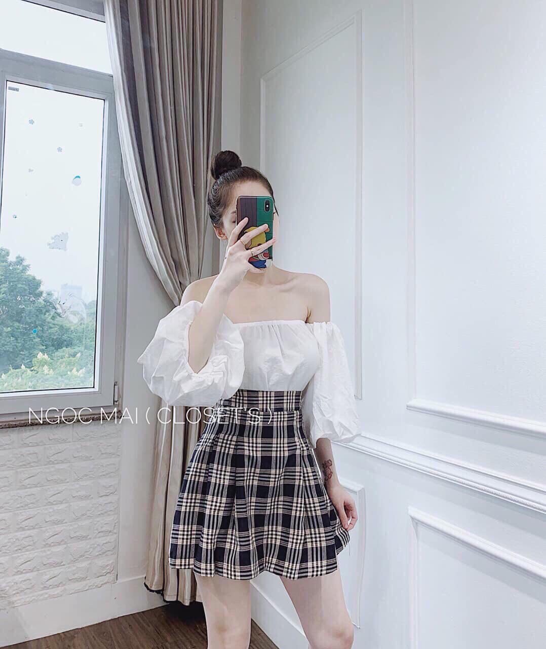 [HCM]Set áo trễ vai chân váy carô