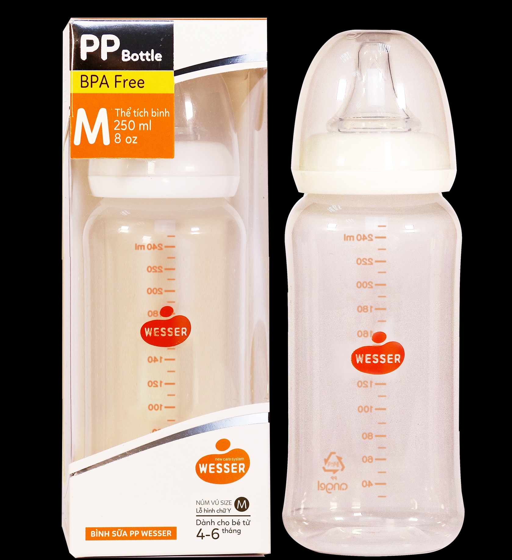 Bình sữa Wesser Nano Silver cổ thường 250ml(Vàng)