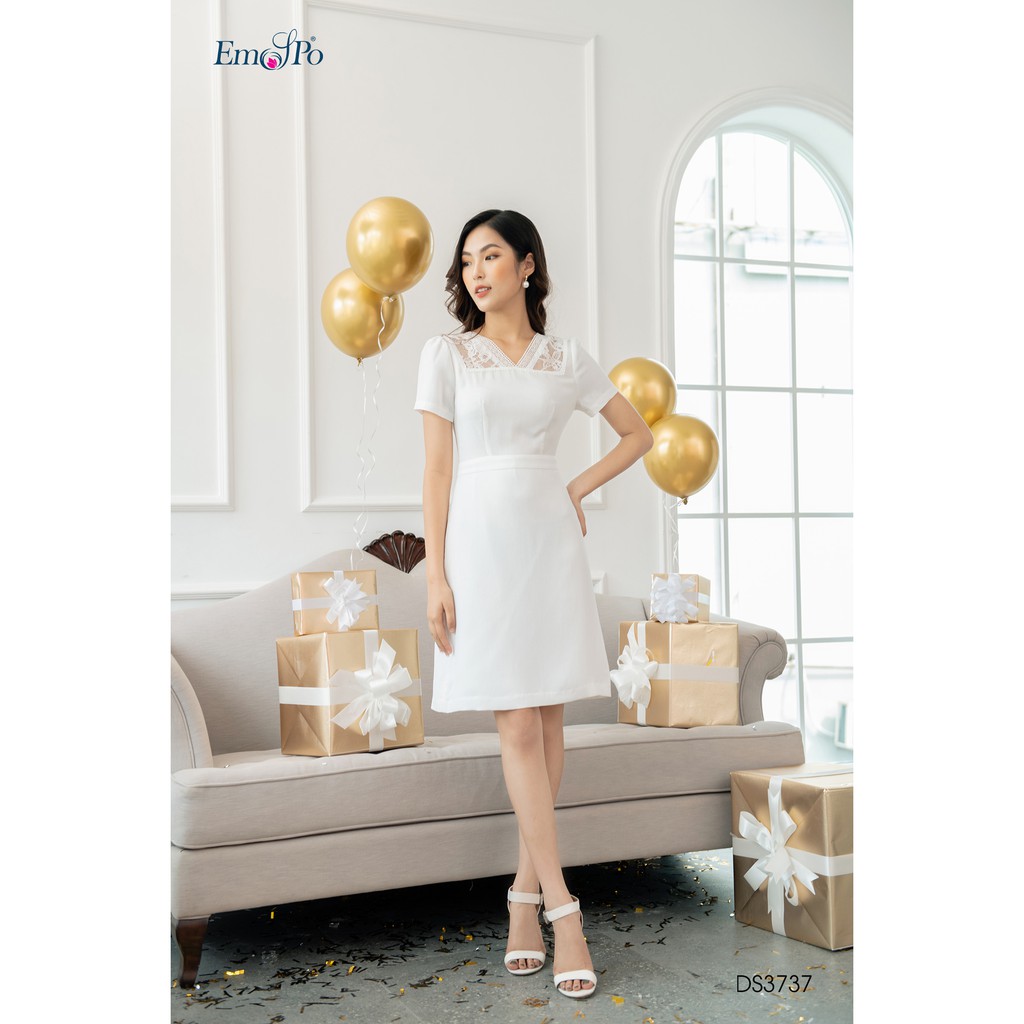Đầm ôm dáng chữ a, cổ v phối ren emspo ds3737