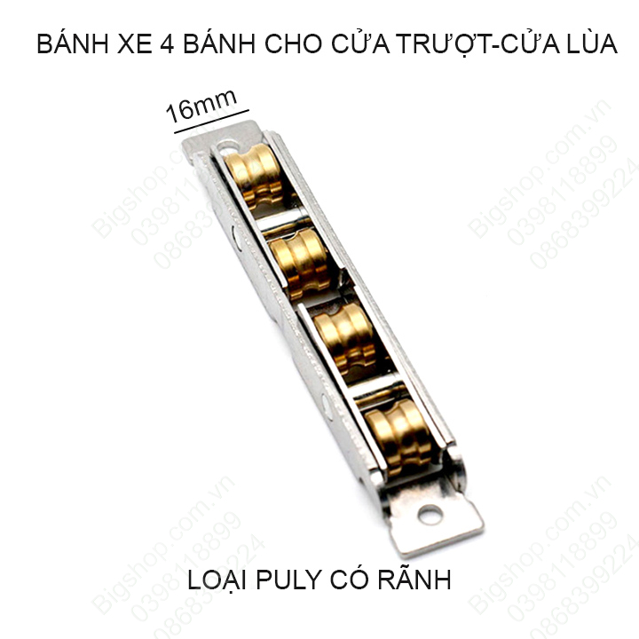 01 Bánh xe 4 cho cửa lùa, cửa trượt bằng inox không gỉ rộng 16mm, dùng cho cửa lùa nhựa, cửa gỗ, cửa nhôm, cửa thép