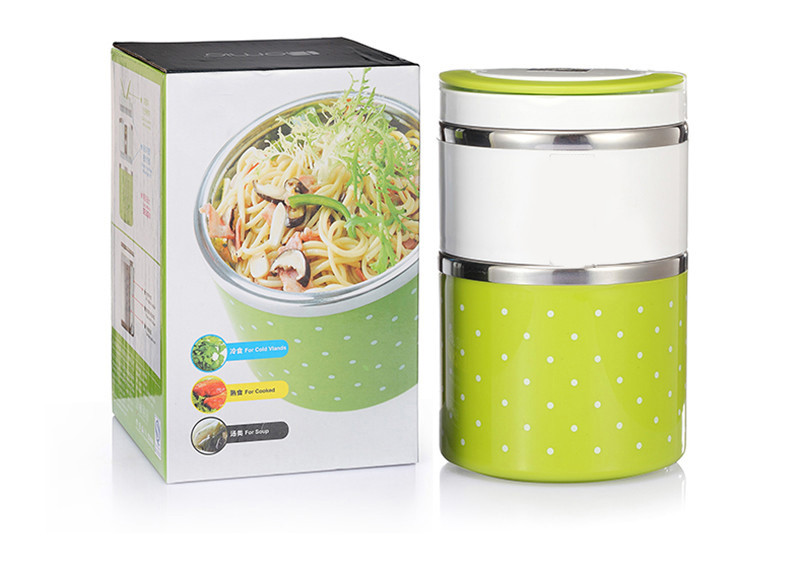 Hộp cơm camen giữ nhiệt 2 ngăn chấm bi ruột inox-Cặp lồng cơm giữ nhiệt 2 ngăn
