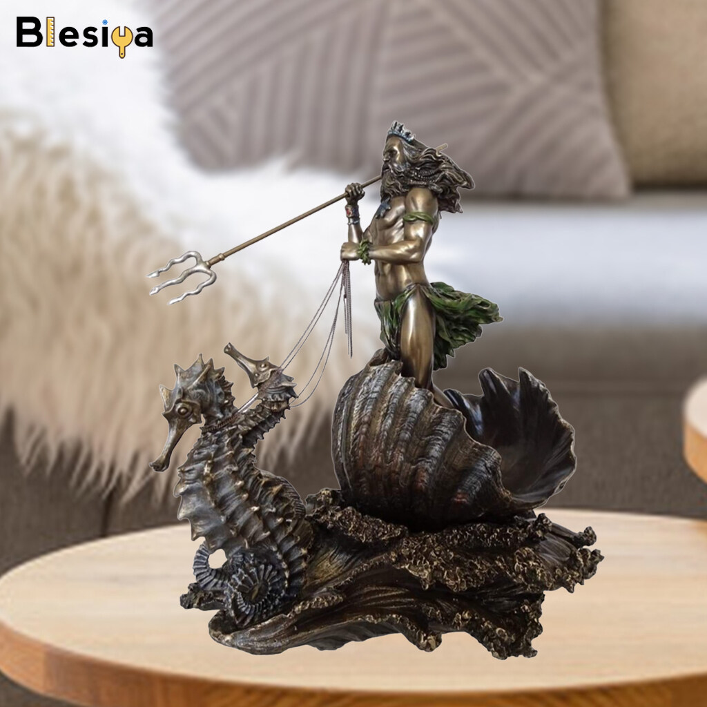 Nhựa tượng thần biển hy lạp blesiya poseidon nghệ thuật, tượng hải vương trên cá ngựa