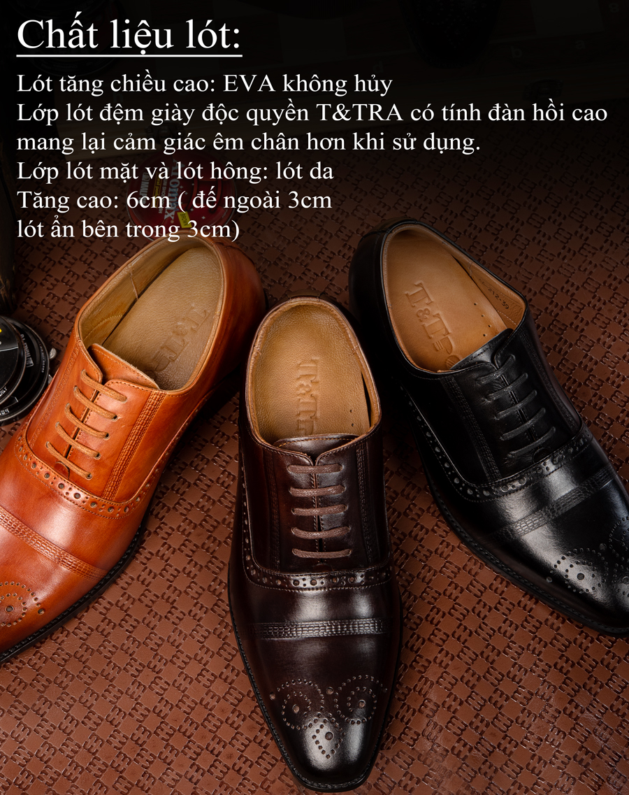 [ 6CM ] Giày Đế Cao Nam T&TRA A212 Đen - Đánh Màu Thủ Công Patina
