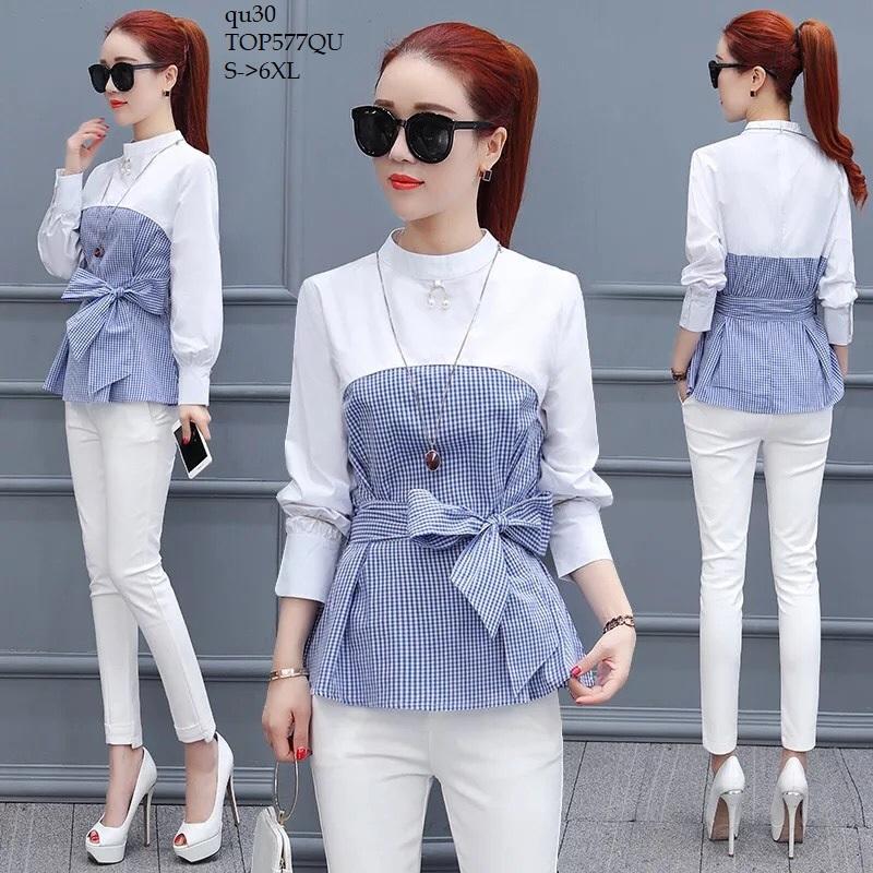 Top577qu áo sơ mi nữ phối caro