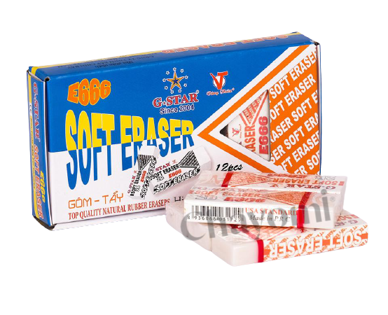 Hộp 12 cục gôm tẩy viết chì G-star E-666 trắng được làm bằng cao su tự nhiên, dẻo dai, có độ đàn hồi tốt