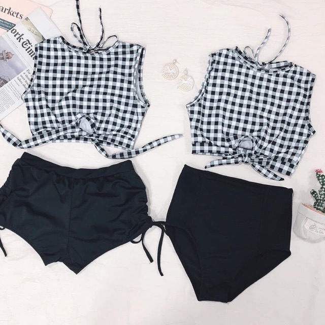 Bikini, đồ bơi, đồ tắm đi biển áo ba lỗ caro kín đáo
