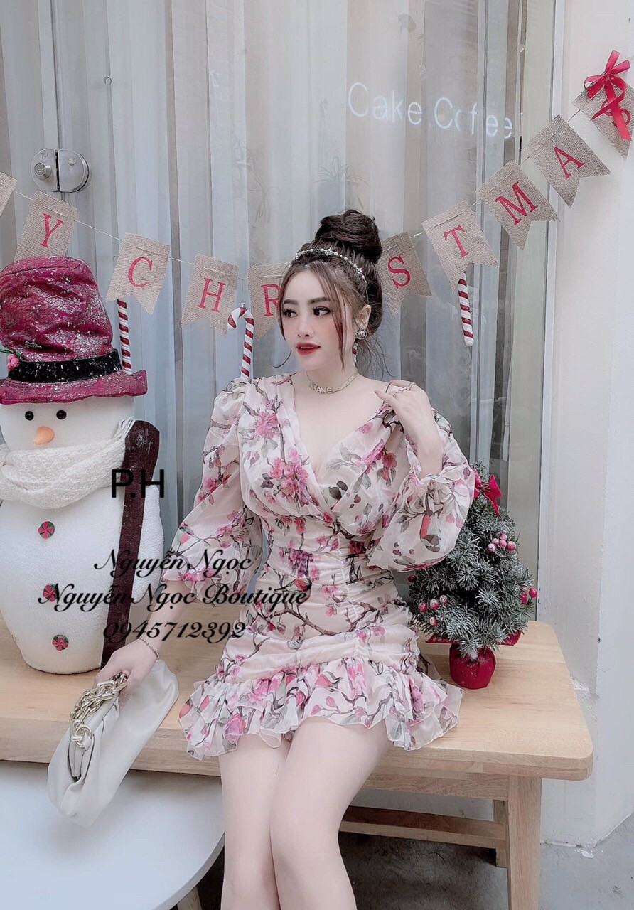 [HCM]Đầm hoa body đuôi cá cổ đắp chéo tay lỡ
