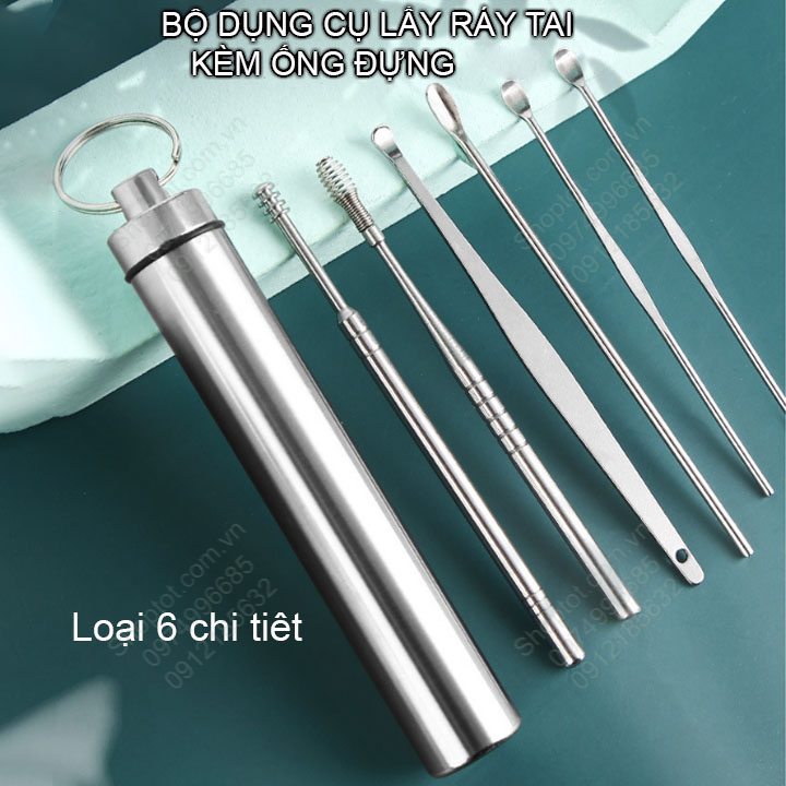 Bộ dụng cụ lấy ráy tai 6-7 món kèm ống đựng tiện dụng bằng hợp kim nhôm