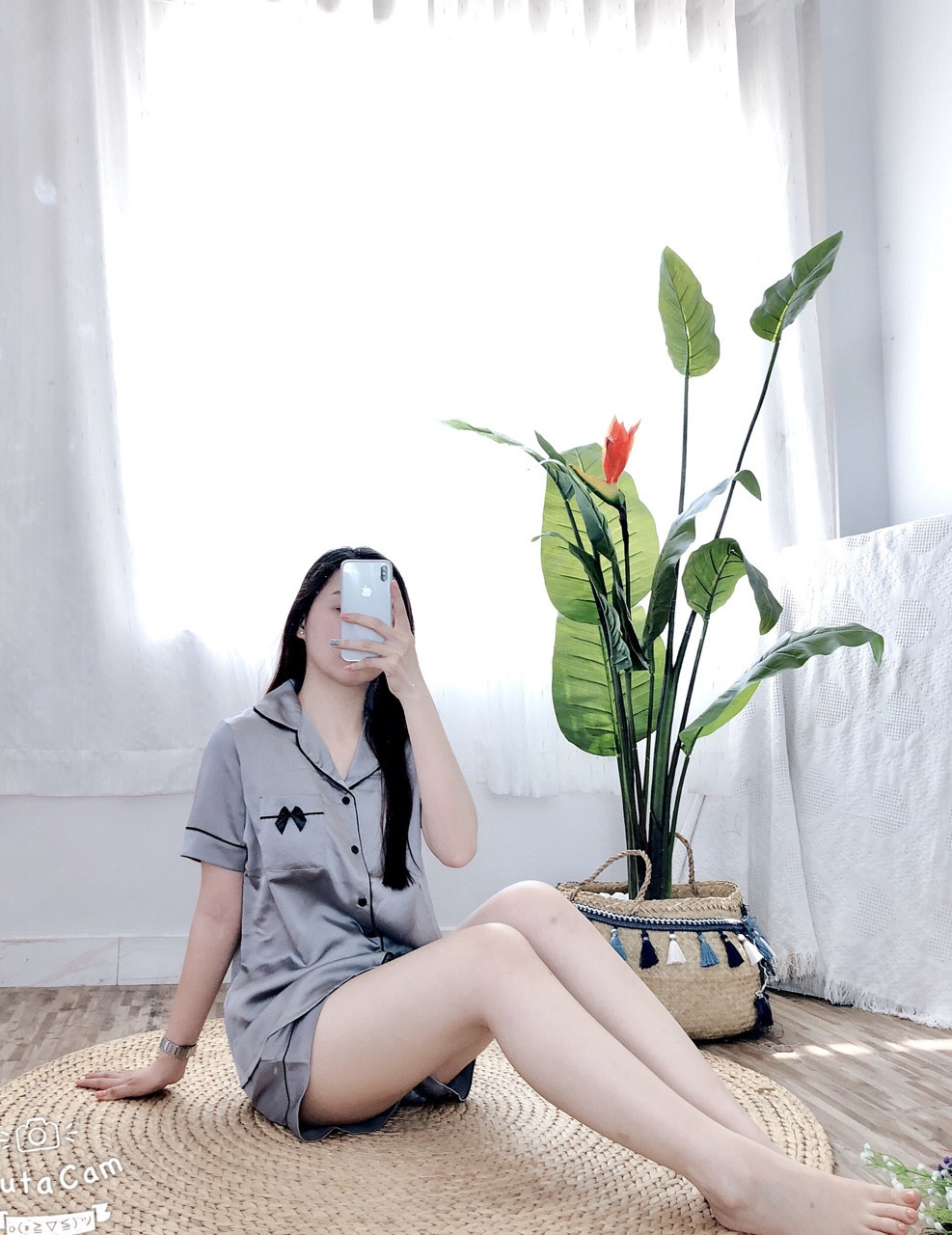 Đồ bộ pizama phi lụa đùi nơ mặc nhà