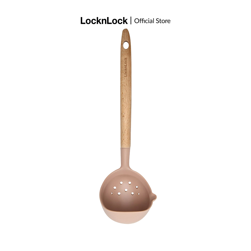 Dụng cụ nhà bếp Lock&Lock xẻng lật thức ăn, muôi múc canh, dụng cụ nghiền rau củ quả bằng silicone chịu nhiệt CKT - Cán gỗ