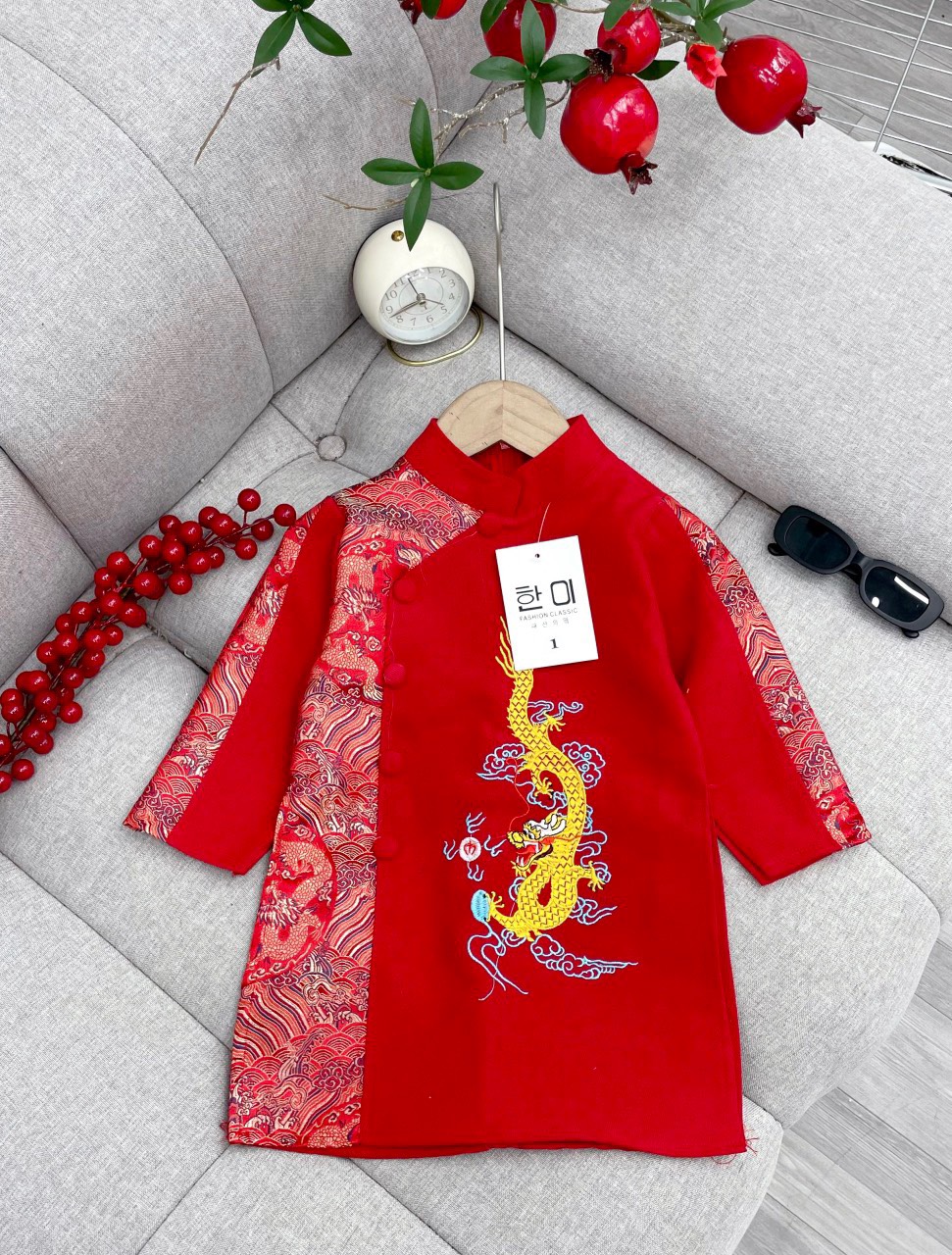 Áo dài cách tân bé trai chất nhung mềm mát