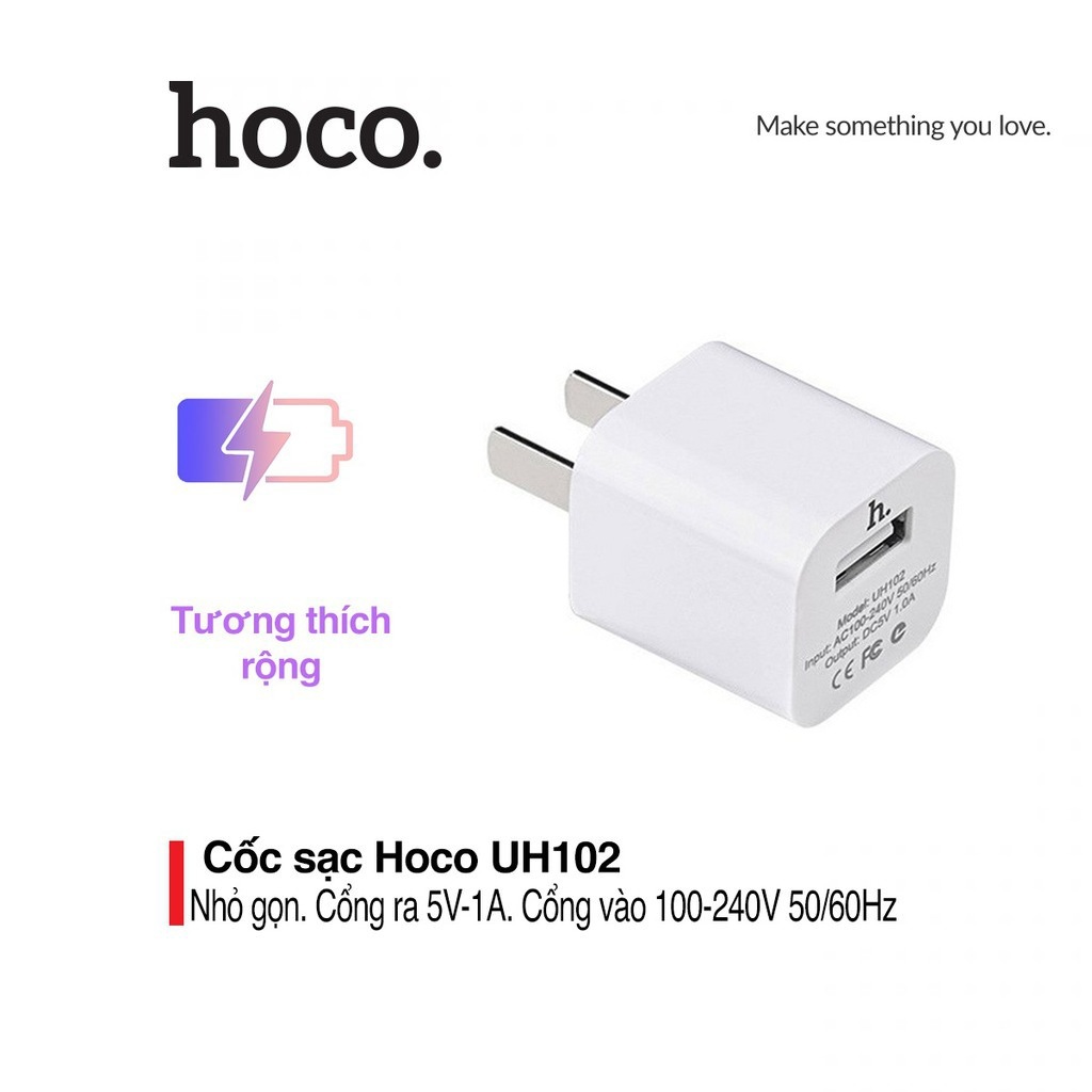 Củ sạc 5V-1A Hoco UH102 chuôi dẹt chất liệu nhựa cứng cao cấp tương thích cao với tất cả các thiết bị kỹ thuật số