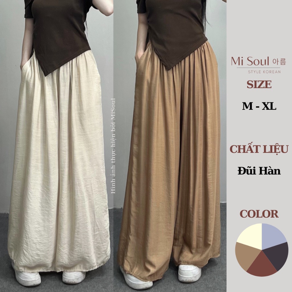 Quần ống rộng vải đũi bigsize misoul, quần đũi suông ống rộng cạp chun giả váy 821c