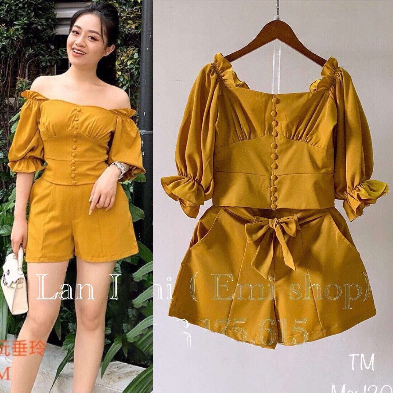 Set bộ áo quần đùi trễ vai nút bọc chất lừ trẻ trung siêu xinh tg001