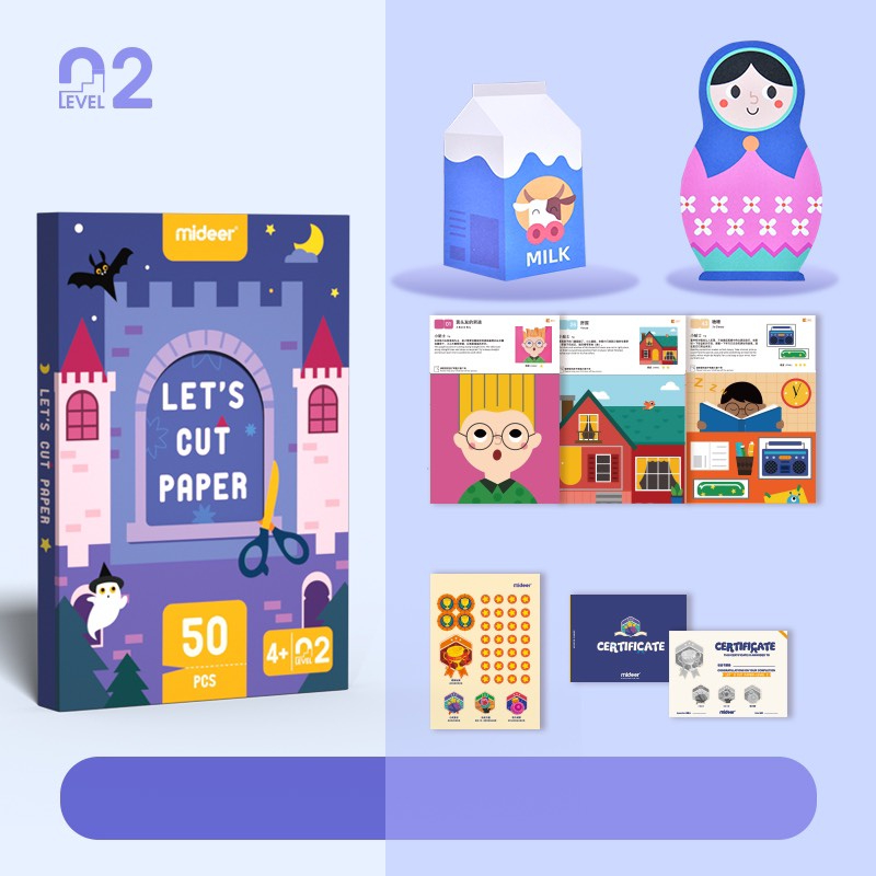 Bộ đồ chơi giấy gấp origami, cắt giấy, giấy màu thủ công stickers 3 cấp độ mideer - cleverkids