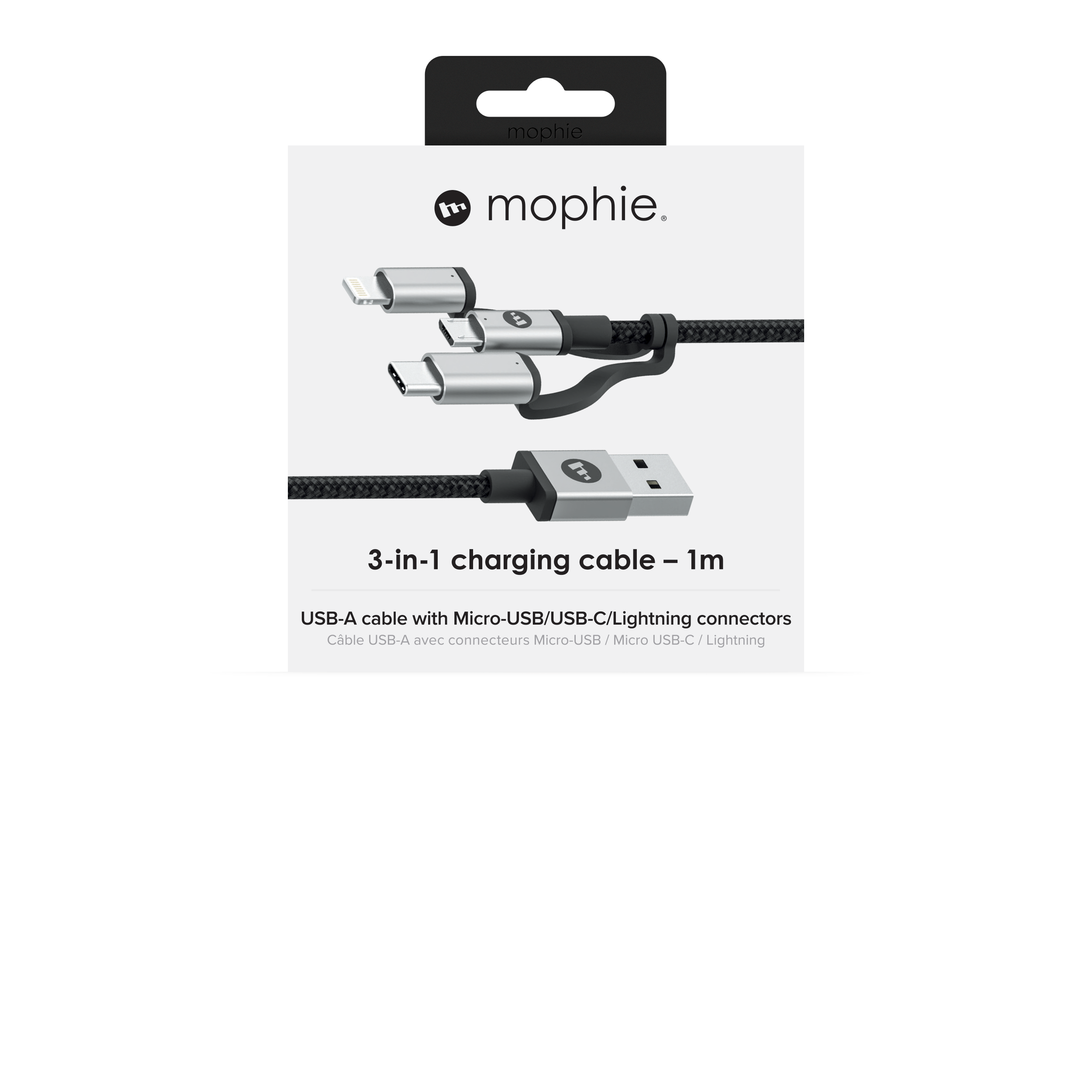Cáp Tri - Tip Mophie 1m - microUSB, Lightning và USB-C - Đầu Lightning đạt chuẩn MFI