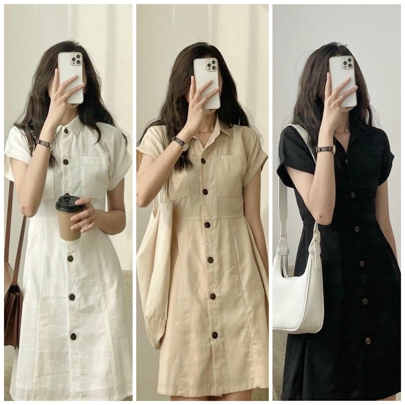 Đầm sơ mi 2 túi 3 màu