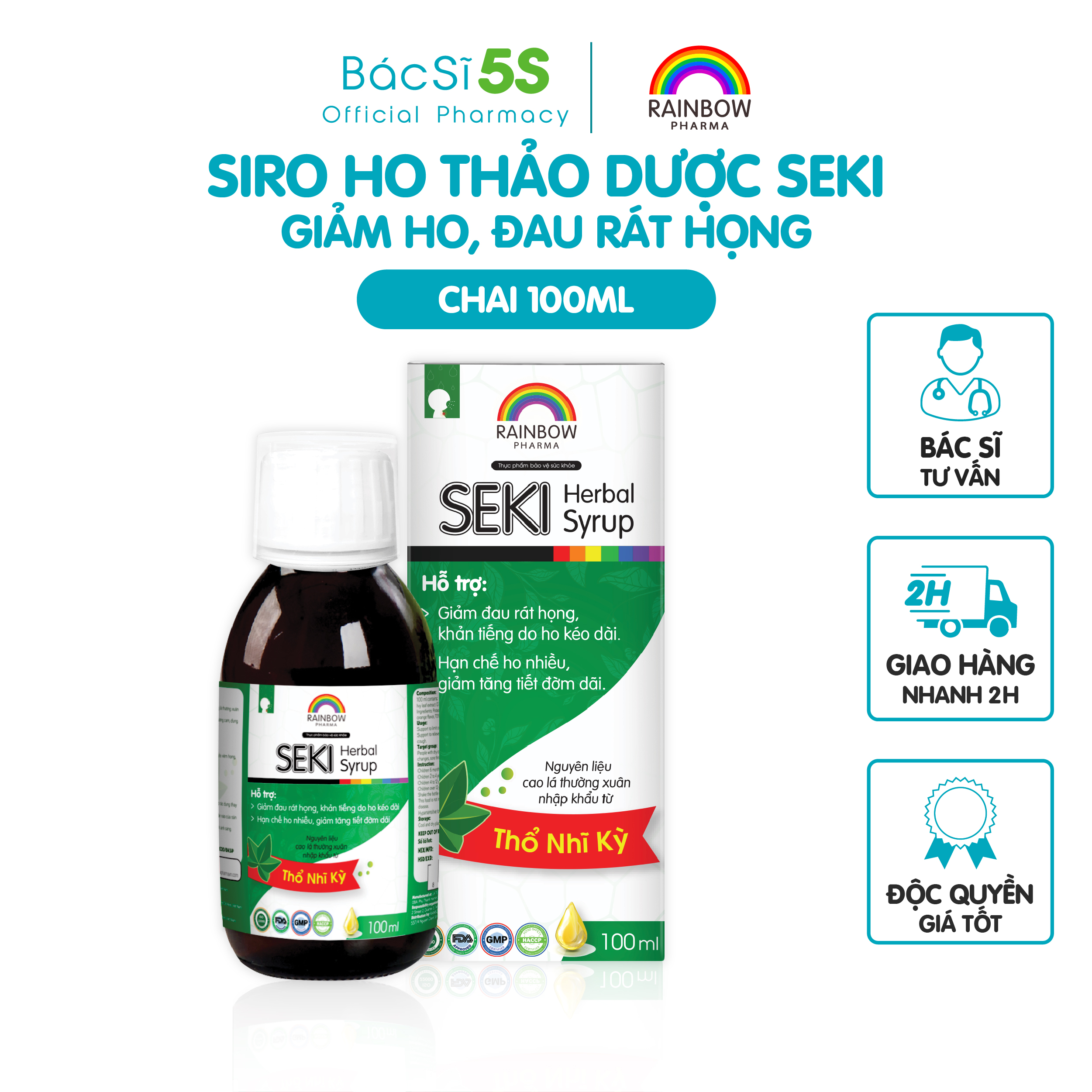 Siro ho thảo dược Seki (Chai 100ml) - Chiết xuất lá thường xuân, giảm ho, đau rát họng