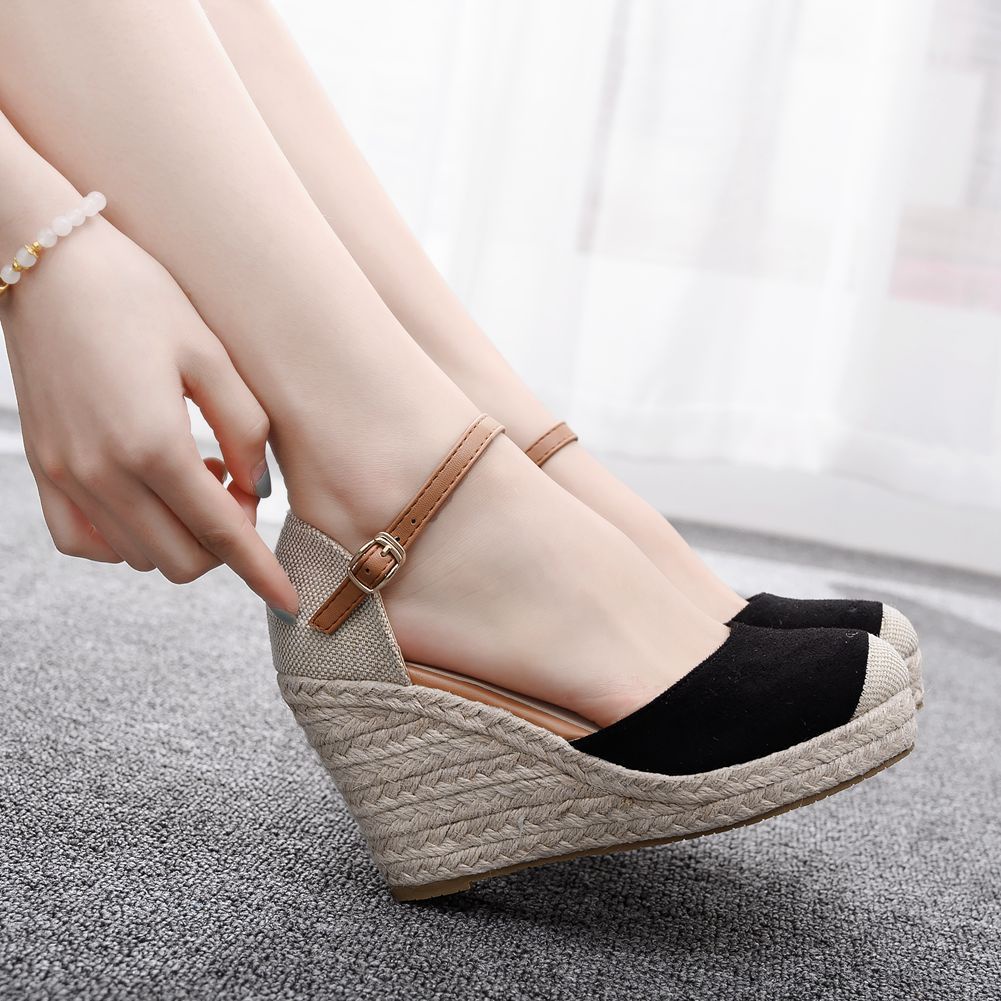 Xxshxy giày sandal cao gót đế xuồng đan cói 9cm size lớn cho nữ
