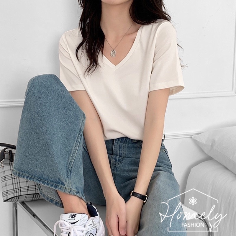 Áo thun nữ trơn cổ tim ngắn tay dáng suông cotton basic đẹp trắng Homely cao cấp áo phông nữ cổ V cộc Siêu xinh