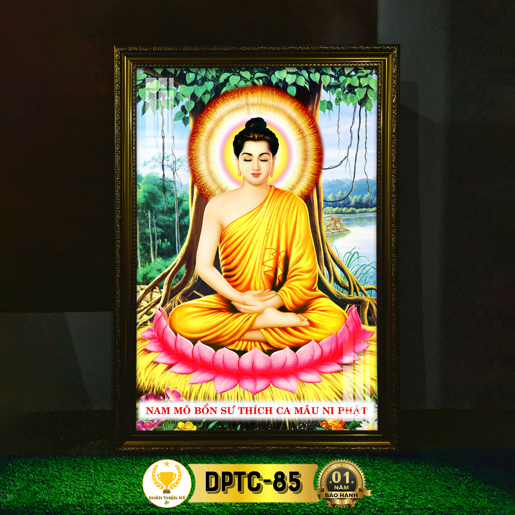 Tranh phật thích ca mâu ni có đèn chân thiện mỹ, trang trí bàn thờ phật treo tường, treo phòng thờ dptc-85