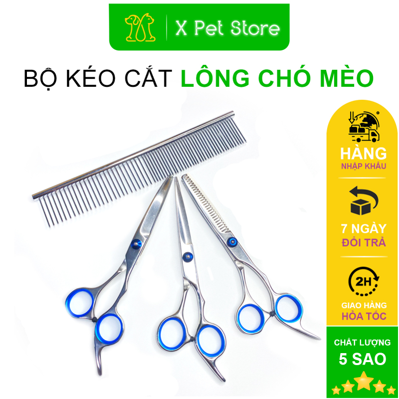 Kéo Cắt Tỉa Lông Chó Mèo, Kéo Cong, Kéo Thẳng,Kéo Lược và Lược Inox, Chất Liệu Thép Không Gỉ