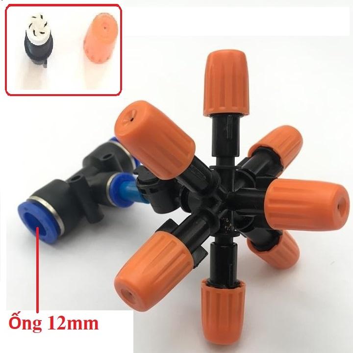 Vòi phun sương 7 cửa có van áp chống nhỏ giọt, lõi đầu cam màu trắng,dùng ống phun sương 8mm; 10 hoặc 12mm