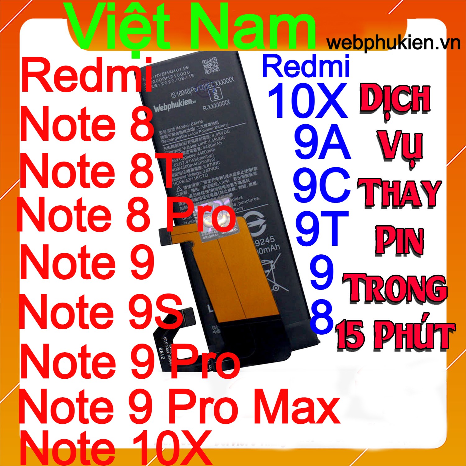 Pin Webphukien cho máy Xiaomi Redmi Note 8/Redmi 8/Redmi Note 8 Pro/Redmi Note 8T/Redmi 9/Redmi 9C/Redmi 9A/Redmi 9T/Redmi 10X 4G/Redmi Note 9 4G/Redmi Note 9 Pro Max/Redmi Note 10X 4G