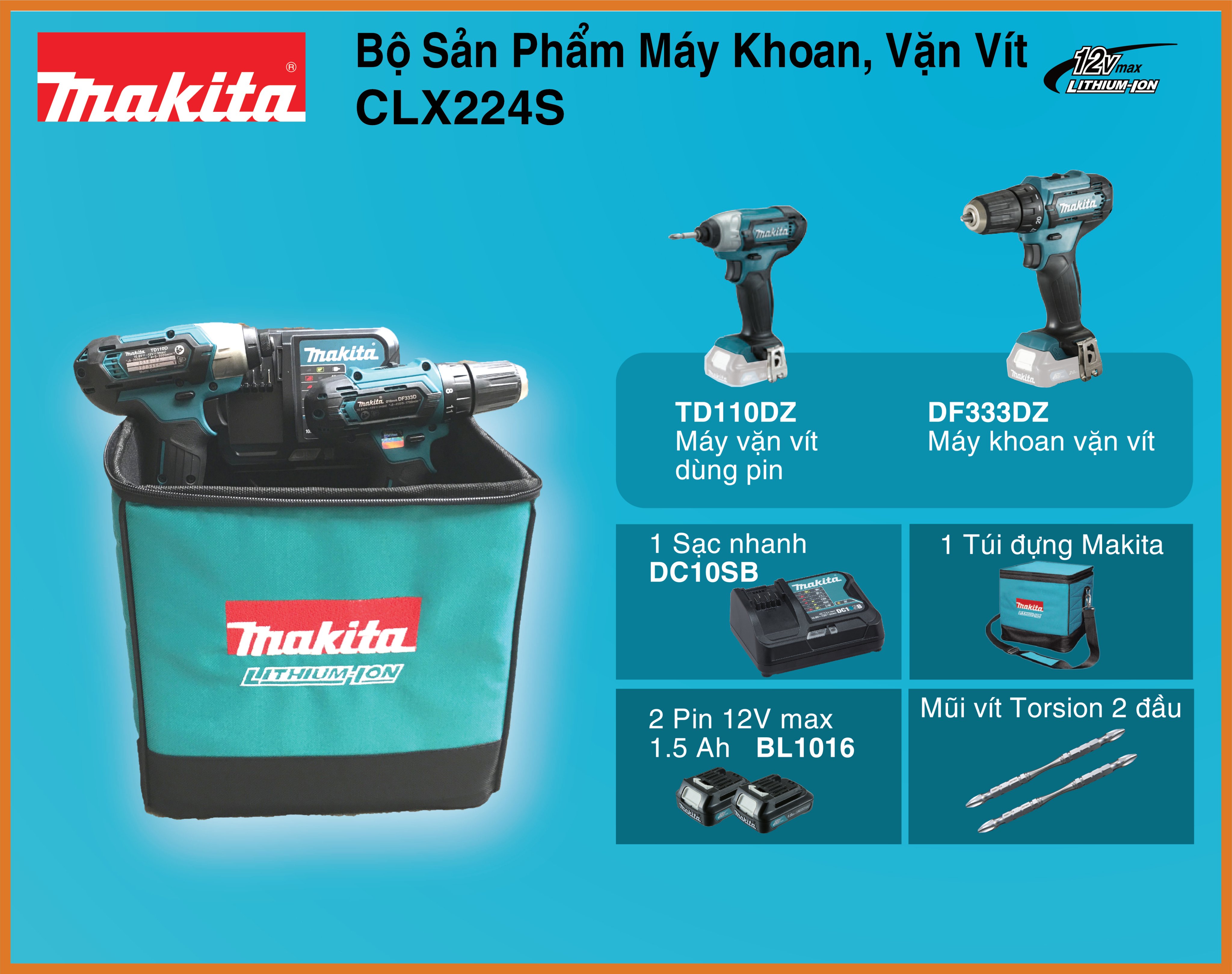 Bộ sản phẩm máy khoanvặn vít CLX224S  DCSG