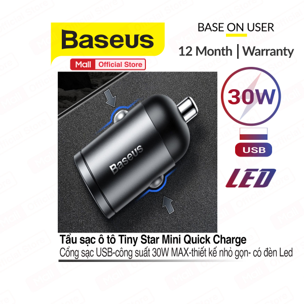 Tẩu sạc hợp kim nhôm cao cấp Baseus Tiny Star Mini cổng USB công suât 30W Max có đèn Led sạc nhanh cho xe ô tô