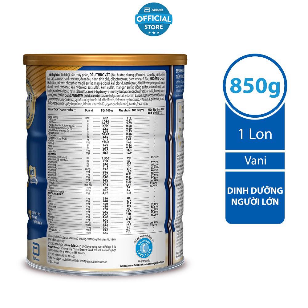 Sữa bột Ensure Gold Vani (HMB) 850g