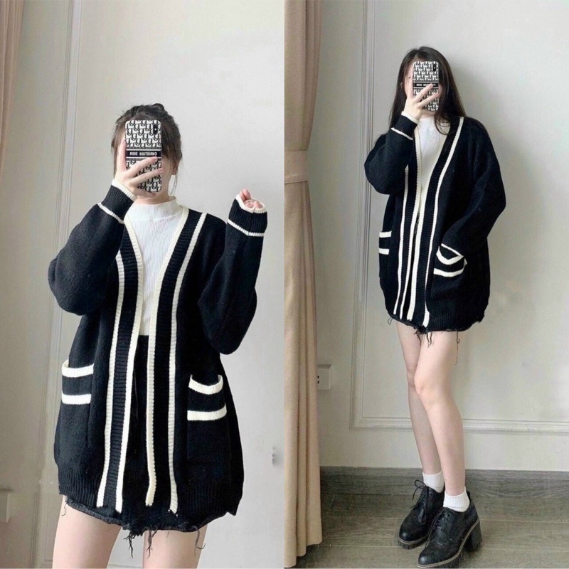 Áo khoác cardigan len dày phối viền Quảng châu