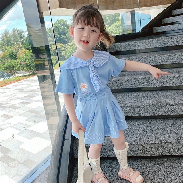 Sét chân váy dập ly & áo cổ nơ cho bé gái (8-22kg)