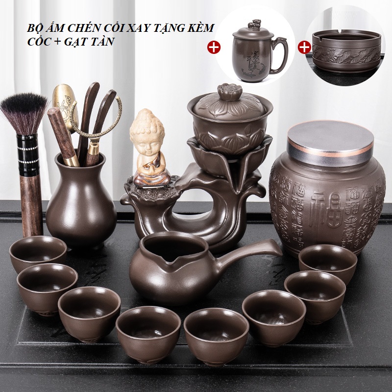 Bộ ấm chén pha trà đạo tử sa Nghi Hưng kiểu cối xay hình Hoa Sen
