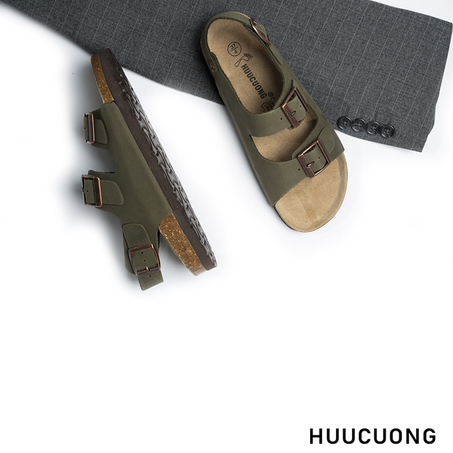 Giày Sandal Unisex 2 khóa da bò rêu đế trấu