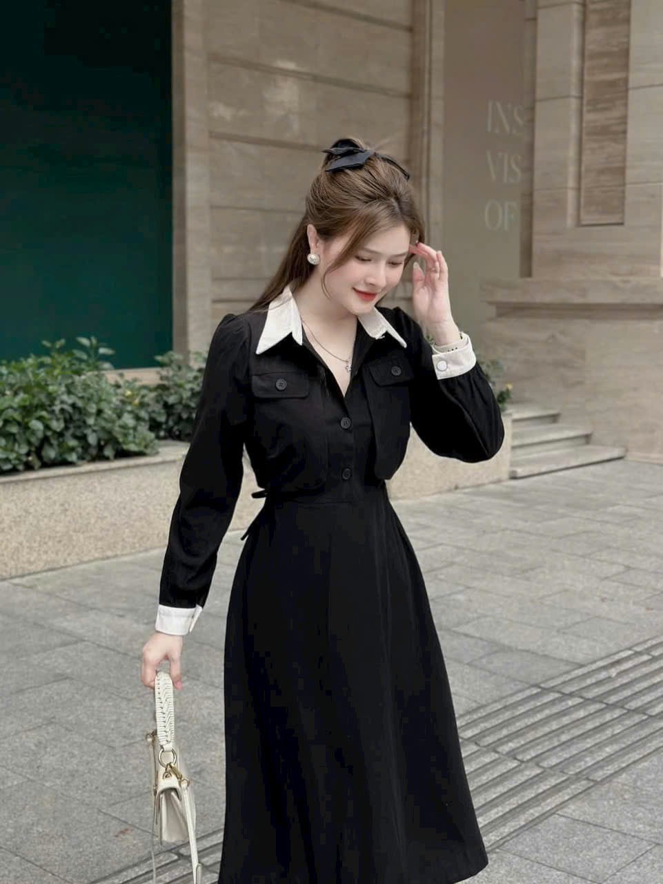 Đầm sơ mi tay dài chất vải nhung tôn dáng, váy suông basic style Hàn Quốc tôn dáng
