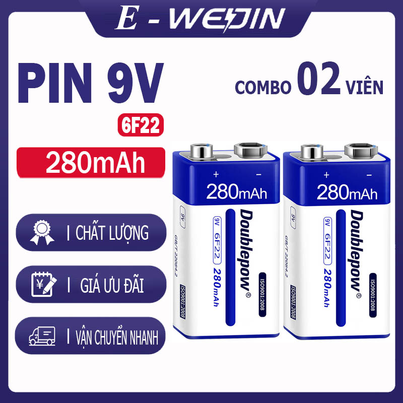 [02 viên] Pin sạc 9V 6F22 -  280mAh (loại pin vuông) Doublepow - Pin chuẩn
