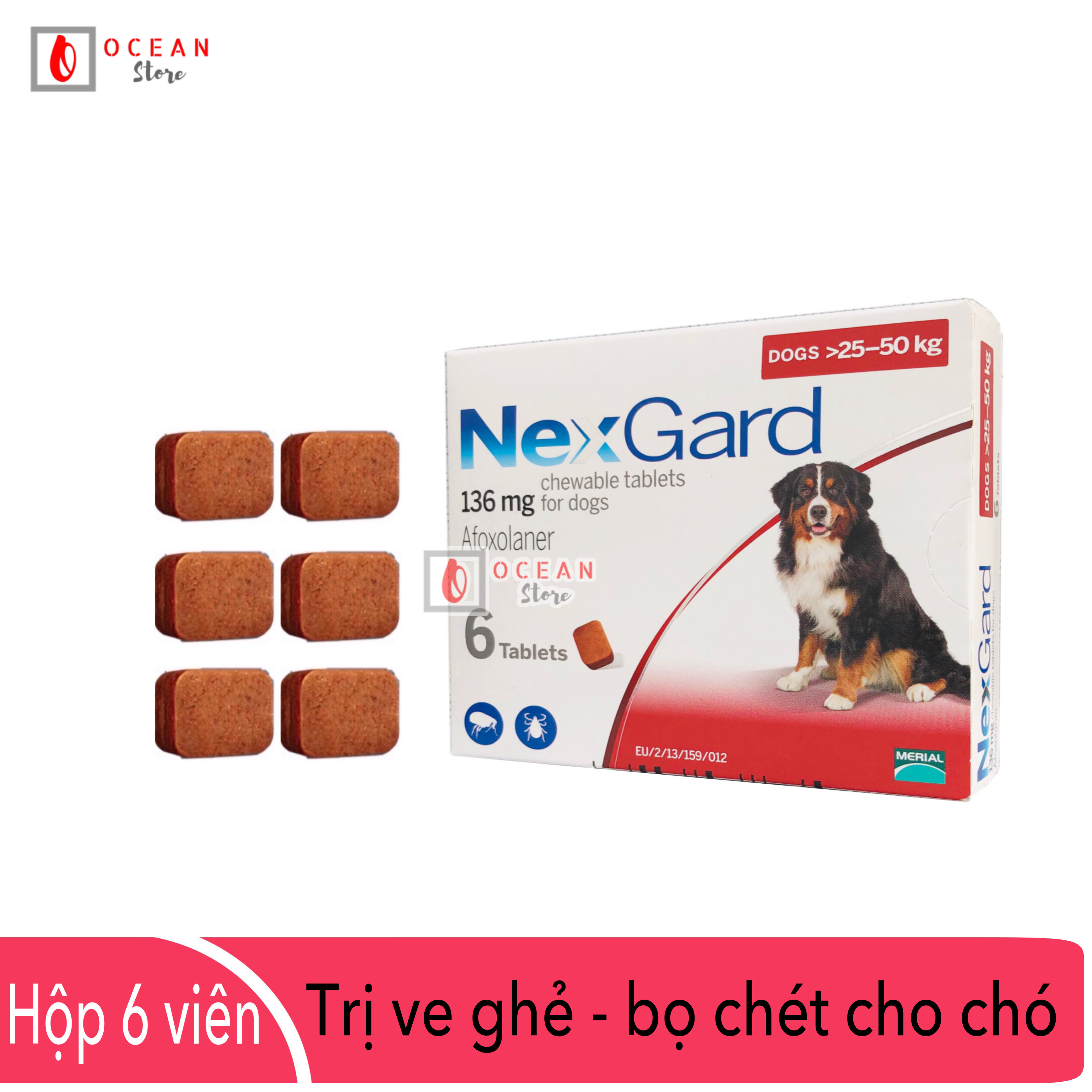 NEXGARD viên nhai ve ghẻ, bọ chét cho chó - 1 hộp 6 viên (Size 25-50kg. full box)