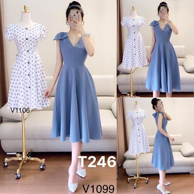 Đầm nơ vai dáng xoè đính hoa cao cấp dạo phố dự tiệc T246