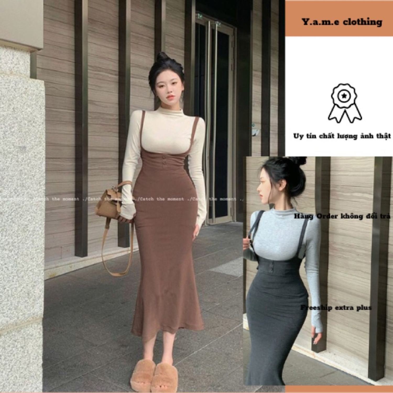 Váy Chữ A nữ Váy Thiết Kế Cổ Yếm Dáng Dài | FM Style
