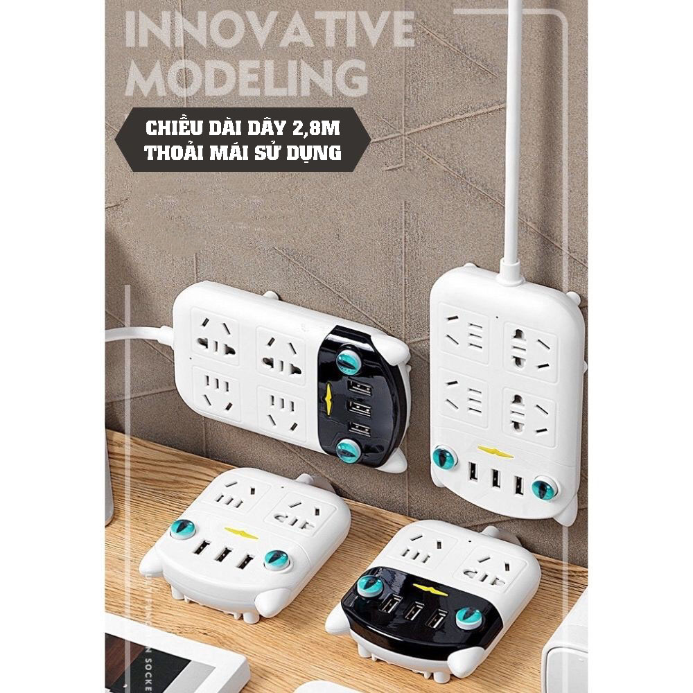 Ổ cắm điện hình con mèo, ổ điện thông minh đa năng chống giật, tích hợp cổng cắm USB chiều dài 2m8