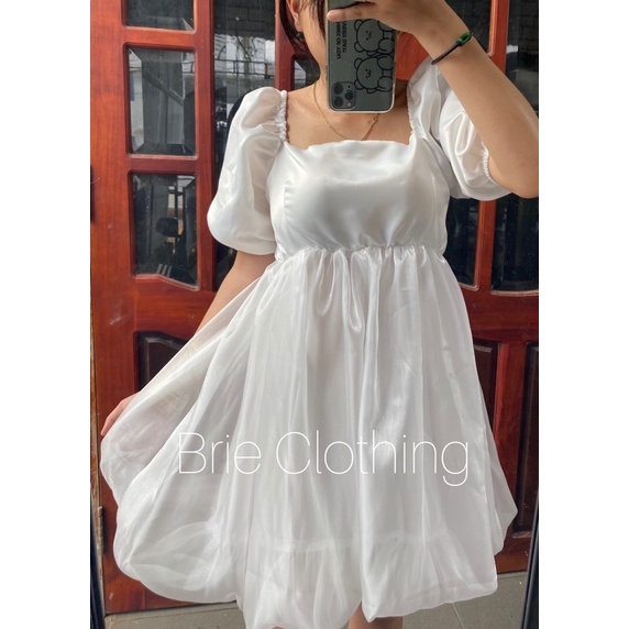 D100 - ĐẦM XOÈ CỔ VUÔNG TAY PHỒNG ĐAN DÂY LƯNG