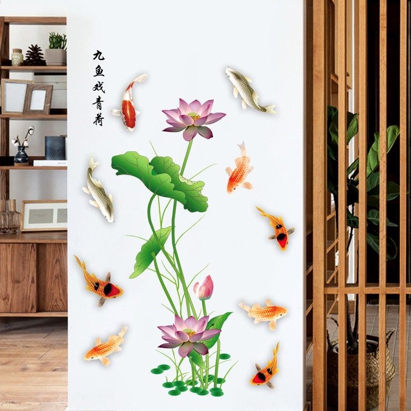 Decal dán tường cá chép hoa sen
