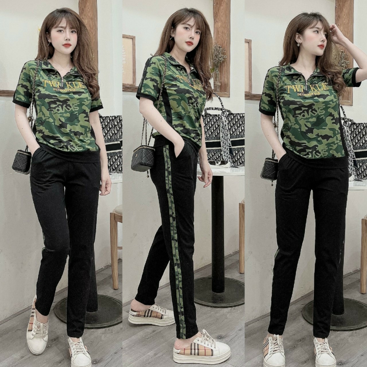 Đồ bộ thun lính cổ trụ khóa kéo