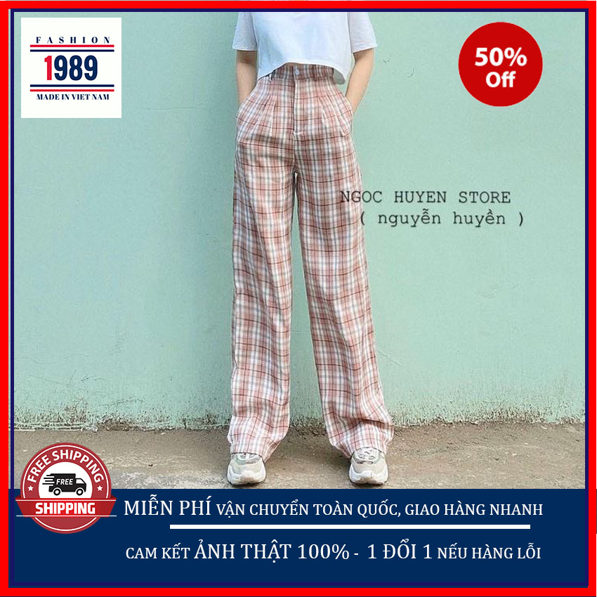 Quần ống rộng nữ 🌺 kẻ sọc caro cạp cao Hàn Quốc  QV02 THỜI TRANG 1989  quần ống rộng ống loe ống suông vải kẻ caro hàn quốc  quần bagy vải cạp cao , lên dáng cực xinh , chân dài ,mặc mềm mại thỏa mái giá rẻ l