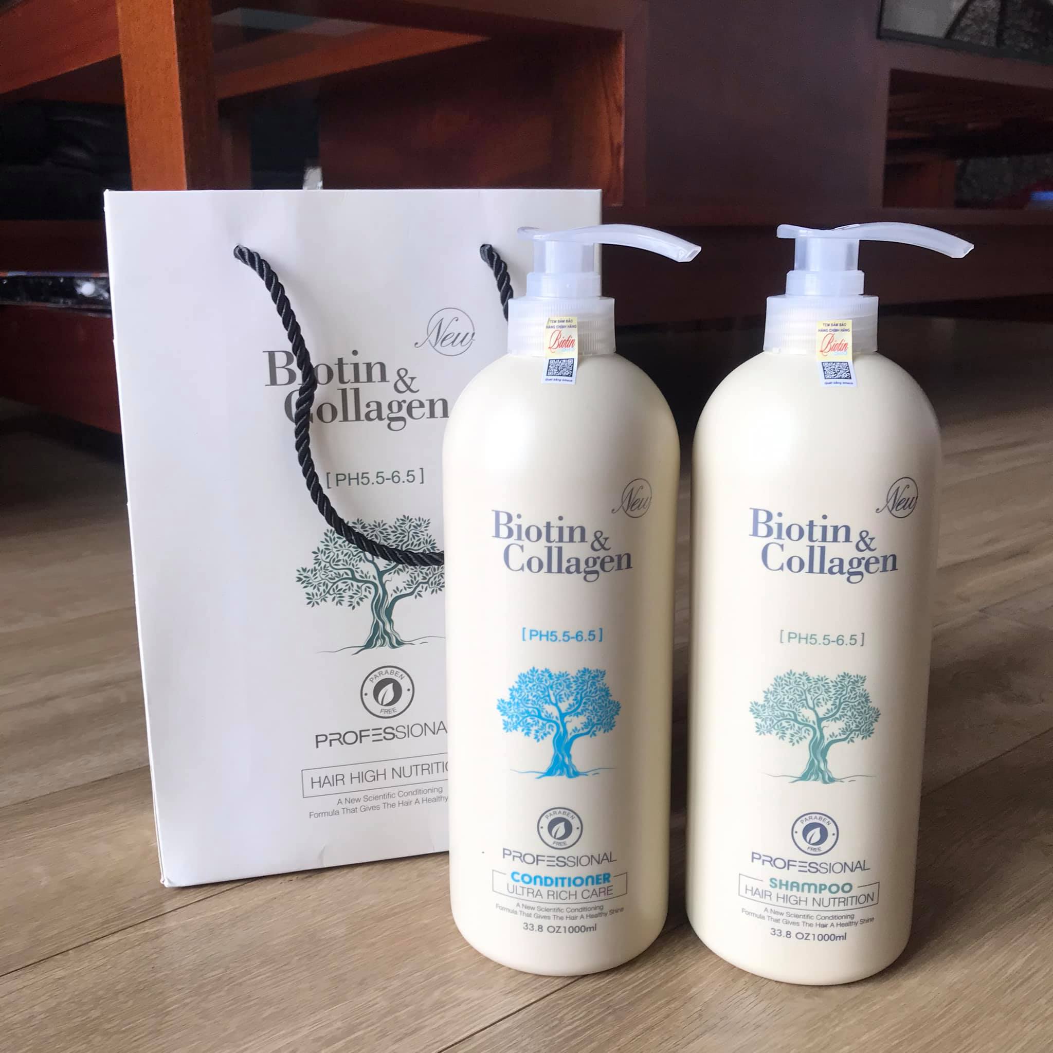 Cặp Dầu Gội Xả BIOTIN Collagen Trắng 1000ml Giảm Rãy Rụng , Phục Hồi Tóc Hư Tổn