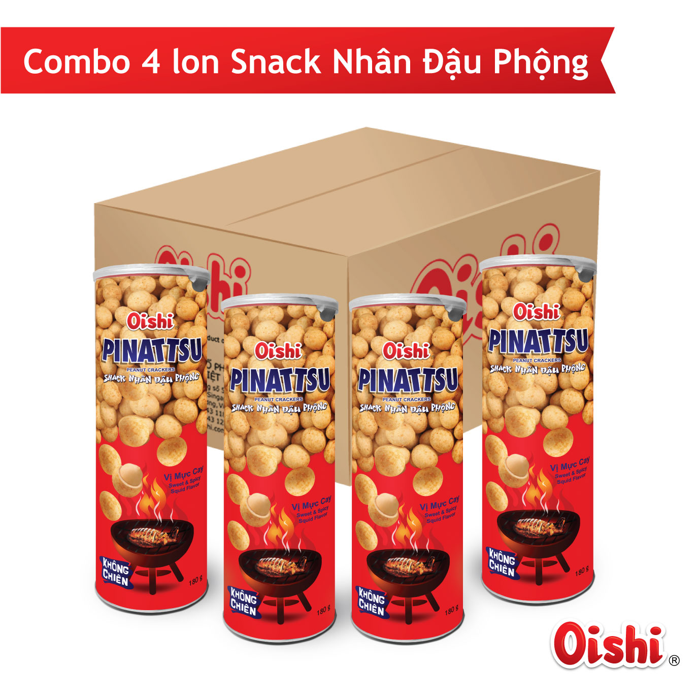 Combo 4 lon Snack Nhân Đậu Phộng Vị Mực Cay - (180gr/ lon)