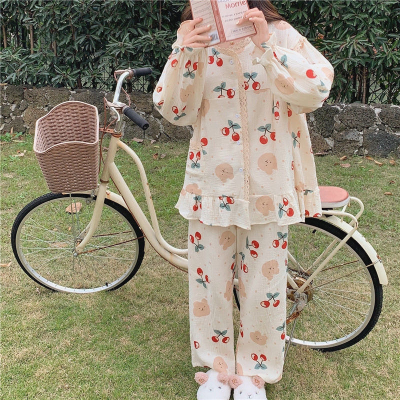 🌸🌸Bộ đồ ngủ Pyjama mềm mại cổ tròn nhiều nút đầu gấu cherry🌸🌸